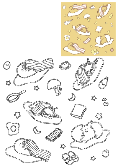 Illustration of Gudetama lazy egg characters sleeping with bacon blankets, resting on egg whites. Cute and funny food-themed art.