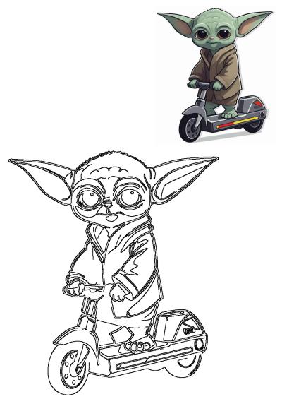 Cute cartoon illustration of the child Yoda, also known as Grogu, enjoying a fun ride on a scooter. The child yoda is riding on a scooter