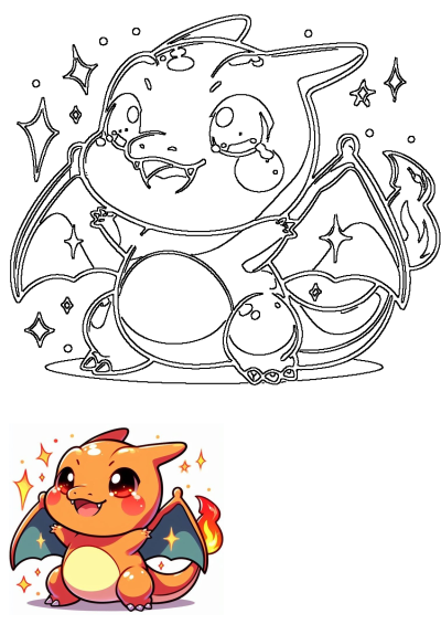 Adorable cartoon Charizard, a beloved Pokémon character. Fan art featuring its signature flame and cute design, sparks and wings. 