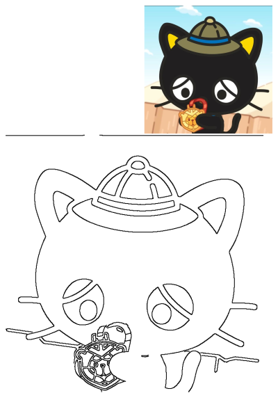 Cartoon image of a black cat wearing a safari hat and holding a gold medal with a lion face in its mouth, standing near a fence.