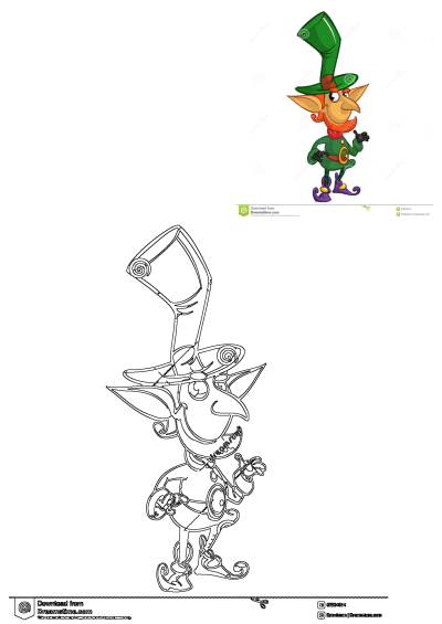 Cartoon leprechaun with a green hat on his head, wearing a green outfit and purple shoes. Illustration for St. Patrick's Day.