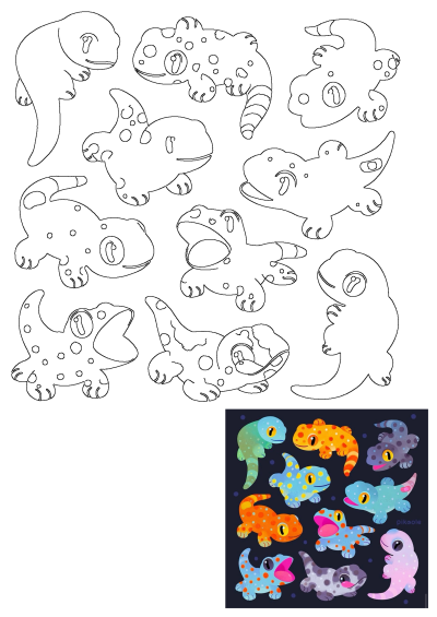 A group of colorful, polka-dotted geckos on a black background. This image features different colored geckos with fun polka dot patterns.