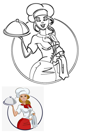 Illustration of a woman chef holding a silver platter in her hand. Cartoon style, with a red skirt and scarf and a white uniform and hat.