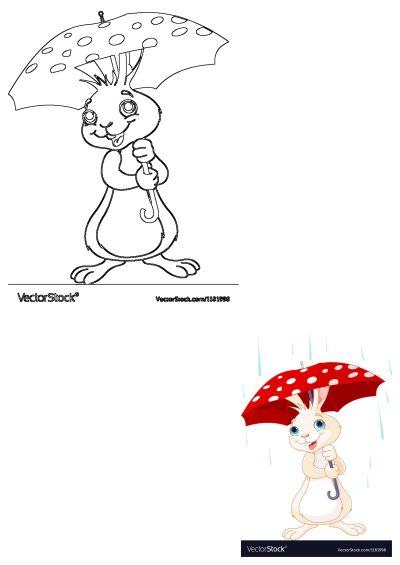 A charming cartoon of a rabbit holding an umbrella in the rain. A cute bunny stays dry under a red polka dot umbrella on a rainy day.