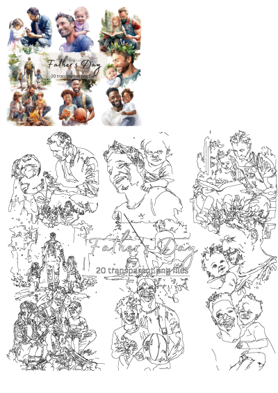 Father's Day photoshopped with different people. Watercolor cliparts with diverse fathers and children. Transparent PNG files perfect for Father's Day projects.