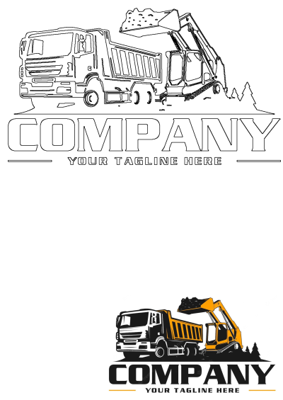 A logo featuring a dump truck and an excavator, for a construction company. Alt description: a dump truck logo with the words company on it