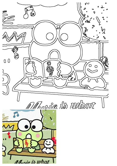 A cute cartoon of a green frog character sitting on a bench engrossed in a book with music notes floating in the background. Sweet illustration.