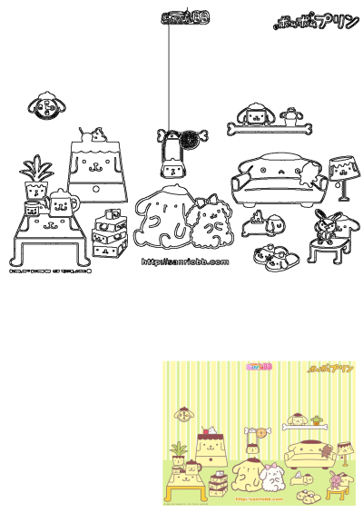 Cartoon living room scene with Pompompurin themed furniture and Sanriobb animals. A whimsical, playful illustration, furniture and animals on the floor.