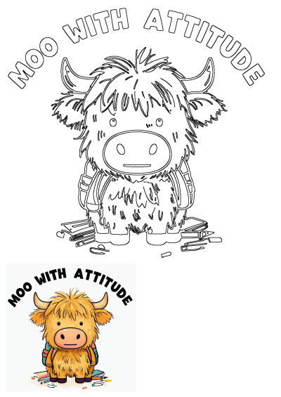 Cartoon Highland Cow Surrounded By School Supplies And Text - Playground in 2025 | Cartoon, Highland cow, Pattern design