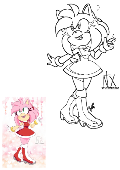 Charming Amy Rose fan art. Features a pink-haired anime girl with red dress pointing her finger. Vibrant and detailed anime style.