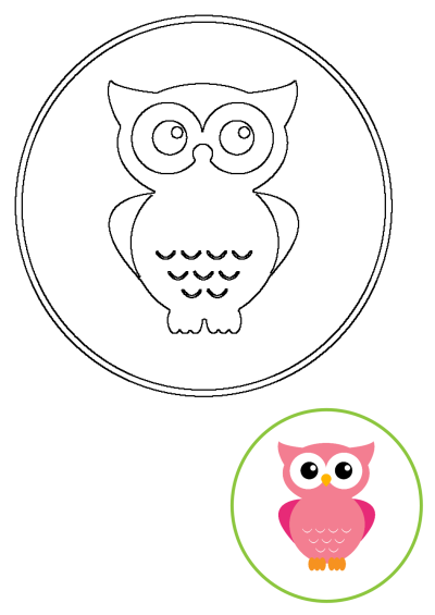 Pink cartoon Morepork owl image on green circle background. Used for owl baby shower invitations and owl baby shower theme.