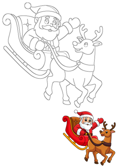 Cartoon illustration of Santa Claus in his sleigh pulled by a reindeer, showing both an outline and a colored version for festive holiday designs.