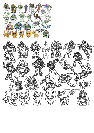 Cartoon characters featuring Buzz Lightyear from Toy Story & the cat character Sox. On white. Ideal for fans of the films, as clip art.