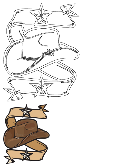Illustration of a brown cowboy hat encircled by a tan ribbon adorned with stars. Western style, cowboy hat and ribbon with stars.