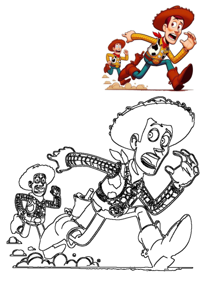 Cartoon illustration of Woody running with two other cartoon characters in the same outfit and hat. High quality image for personal use. 