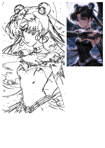 Evil Sailor Moon anime girl in a dark aesthetic. Featuring the character with black hair, against a full moon background. 