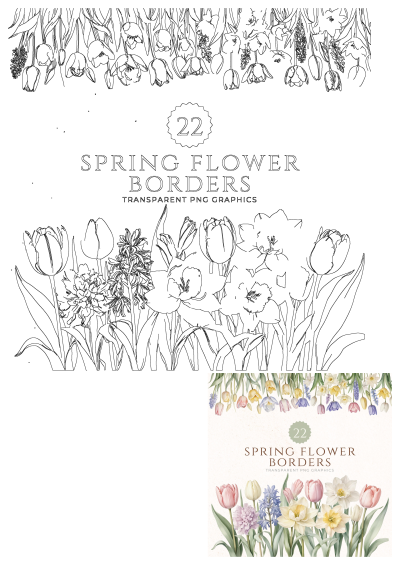 Flowers with the title '22 spring flower borders transparent and png graphics for photoshop'. Spring flower borders available as transparent PNG.