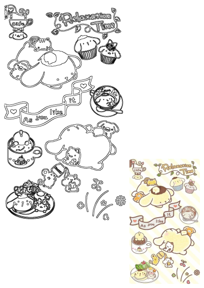 Cute Pom Pom Purin-themed stickers on a phone case, featuring adorable food and drink illustrations like coffee, cupcakes, and a cafe sign. Perfect for kawaii fans!