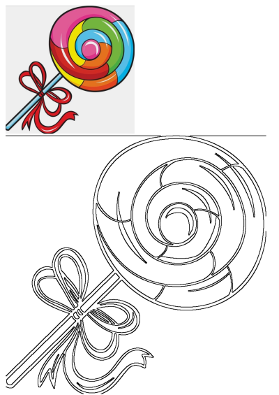 Cartoon illustration of a vibrant, multi-colored lollipop with a red ribbon tied to its stick, perfect for sweet treat illustrations.