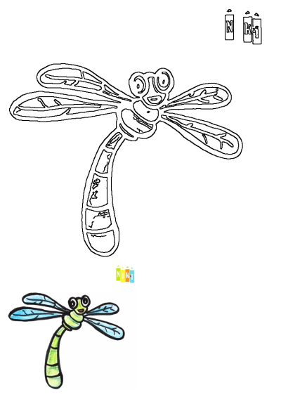 A cartoon drawing of a dragonfly with blue wings and a green body, simple art style, suitable for kids art project.