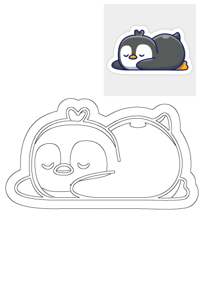 Sticker of a cute cartoon penguin sleeping on its back with its eyes closed. A charming and adorable image perfect for adding a touch of whimsy.