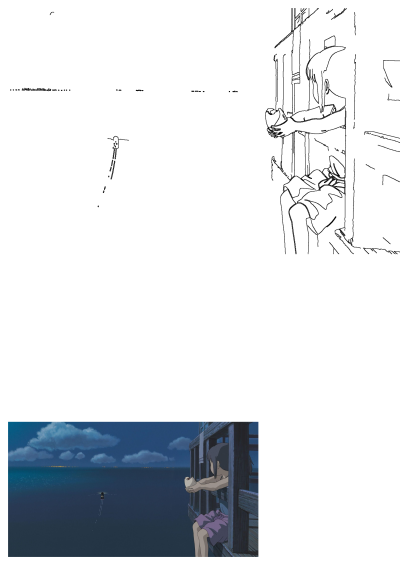 From Spirited Away, Chihiro stands on a wooden platform at night, holding a rice ball as she watches a boat on the dark sea. 