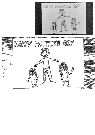 A hand-drawn Father's Day card features a happy dad with open arms and two smiling children. A sweet and heartfelt greeting.