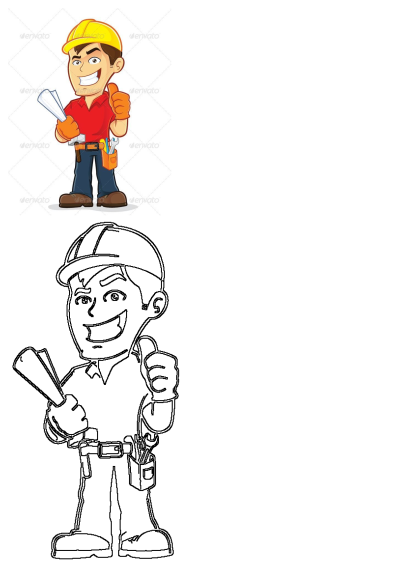 Cartoon construction worker in hard hat giving a thumbs up. The construction worker is holding plans and wearing a tool belt.