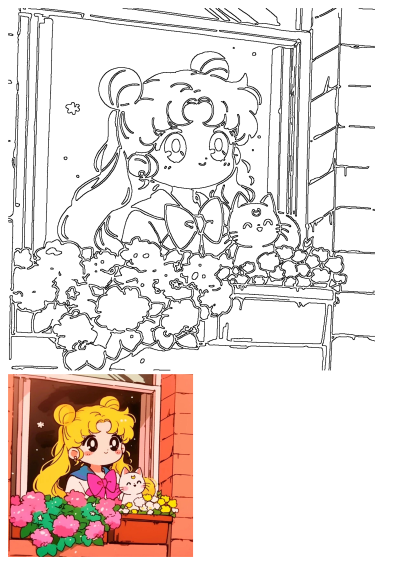 Sailor Moon icon featuring the cute anime character at a window with flowers and a cat. A charming and nostalgic image.