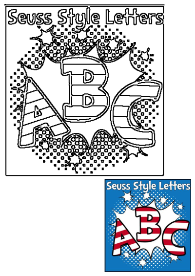 Seuss-style ABC letters with an American flag theme! Features stars and stripes, capturing a patriotic and whimsical design.