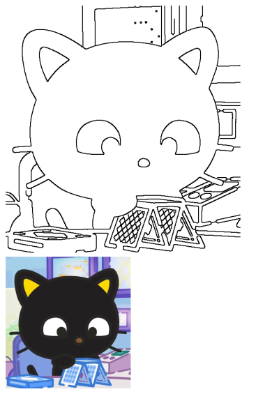 A cartoon image showing a black cat sitting on a table next to a blue box filled with cards, building a house of cards with checkered pattern.