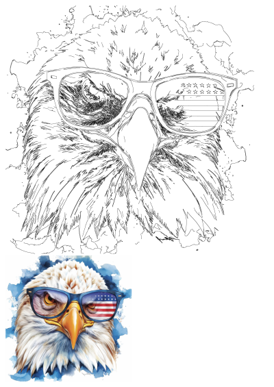 Watercolor painting of an eagle wearing glasses reflecting the American flag. Patriotic and cool, this eagle represents freedom and style.