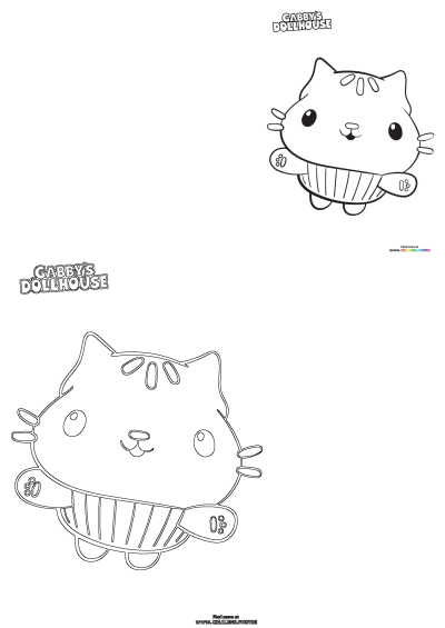 Coloring page of Cakey Cat from Gabby's Dollhouse. A cute cat character in a cupcake cup from the show. Perfect for kids to color!