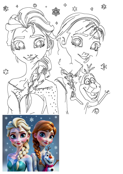 Two frozen princesses, Elsa and Anna, stand side-by-side with Olaf. A heartwarming portrait of the beloved sisters and snowman from Frozen.