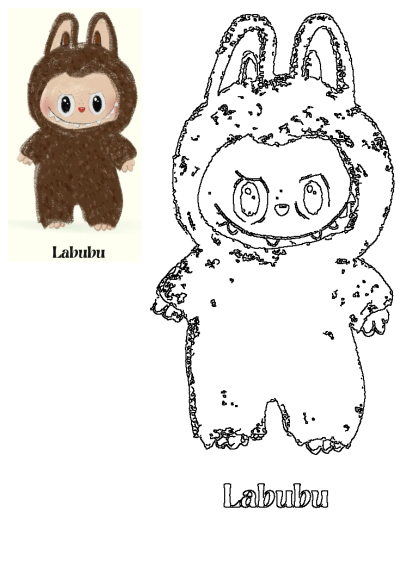 Drawing of a stuffed animal, named Labubu, wearing a fluffy brown bunny costume. Cute cartoon character with bunny ears and a playful smile.