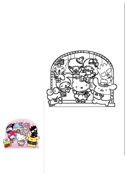 Image of Hello Kitty, My Melody, Keroppi, and other Sanrio cartoon characters celebrating at a party. Colorful and cute illustration.