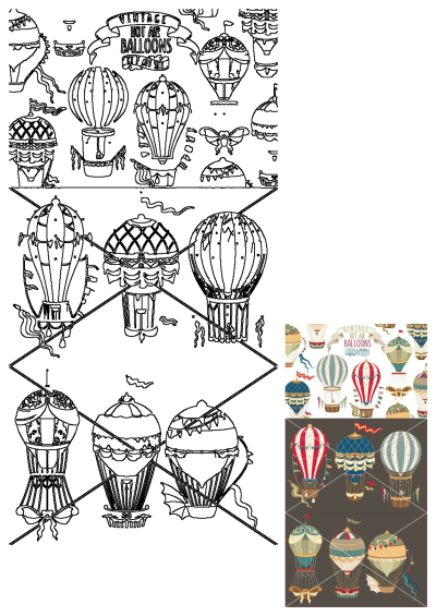 Vintage-style hot air balloons clip art set. Several hot air balloons are shown in different colors and sizes, decorated with ribbons.