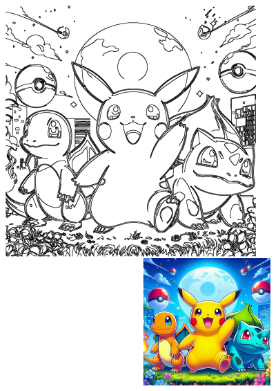 Pokemon characters Pikachu, Charmander, and Bulbasaur are sitting in front of a bright, full moon with floating pokeballs in a vibrant scene.