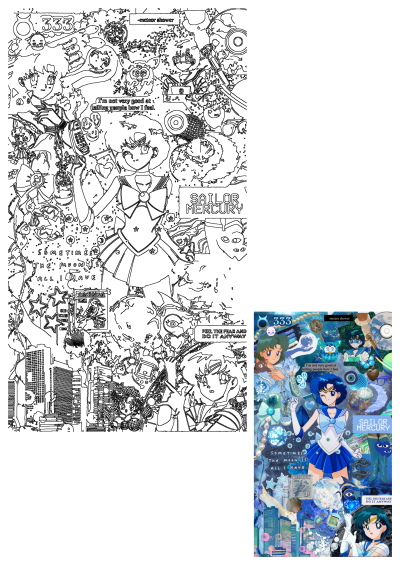 The sailor girl Sailor Mercury is surrounded by buttons and magnets and other objects in her colorful and detailed artwork. A whimsical collage.