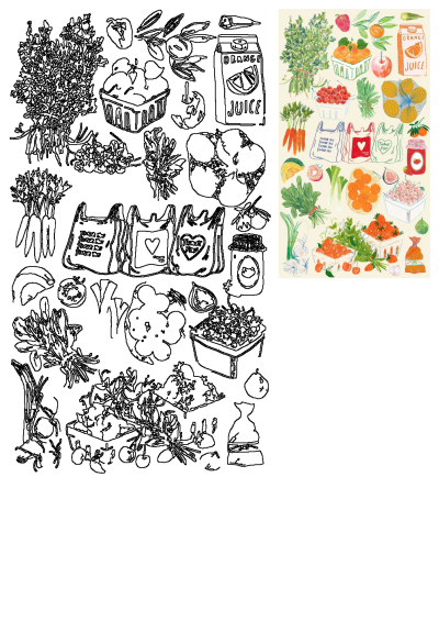 Whimsical illustration featuring a variety of fresh produce, including fruits, vegetables, herbs, and orange juice, plus reusable grocery bags.