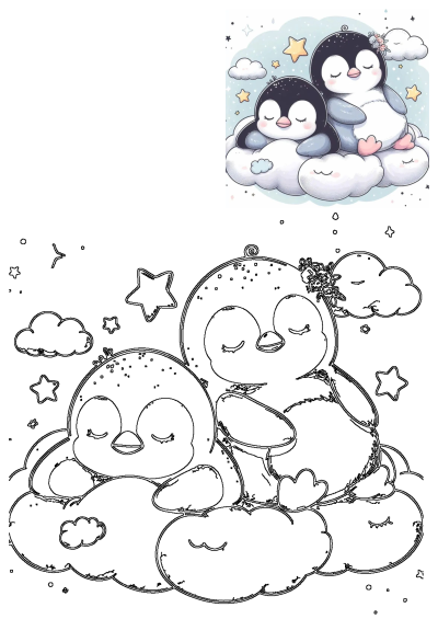 Illustration of two cute penguins sitting on top of each other on clouds, with stars and clouds in the background. Adorable cartoon style.
