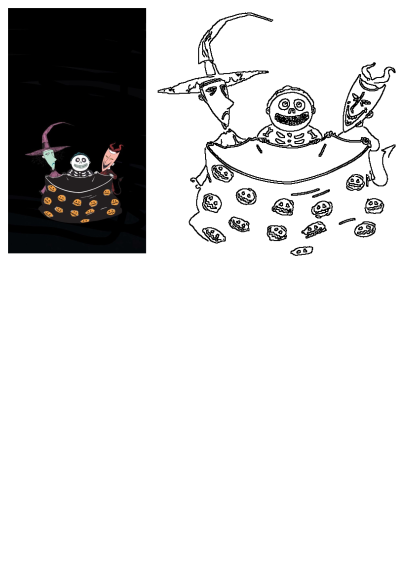 an animated image of a skeleton in a hat with bats and pumpkins on it