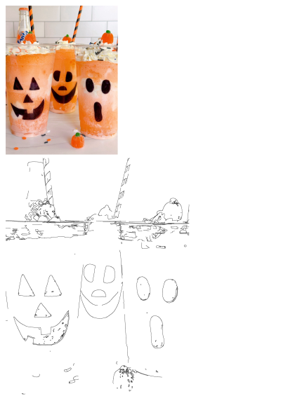 Three Halloween drinks with whipped cream and pumpkin faces. Festive orange beverages with spooky jack-o'-lantern and ghost designs.