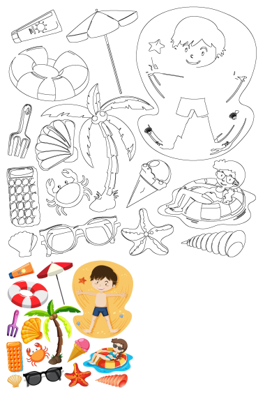 Beach themed clipart with kids, seashells, lifebuoy, sun umbrella, ice cream, palm tree, sunglasses, sunscreen, crab. 