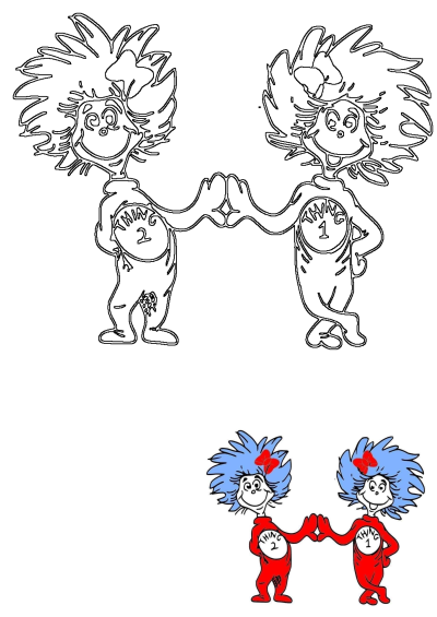 Thing 1 and Thing 2 holding hands. The cartoon characters from the cat in the hat are wearing matching red outfits with blue hair and bows.