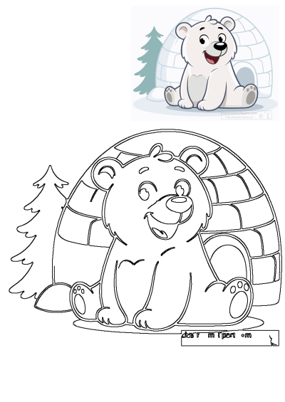 Cartoon image of a happy polar bear sitting comfortably in front of its igloo home. A cute illustration suitable for arctic themes.