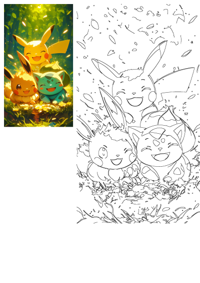 Pokemon Pikachu,Eevee and Bulbasaur are sitting in the grass with their faces close to each other, smiling and happy.