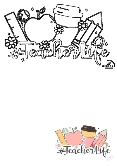 Image featuring the words '#Teacher Life' with a pink apple, pencils, a yellow ruler, a coffee cup and a globe, showcasing a cute teacher theme.