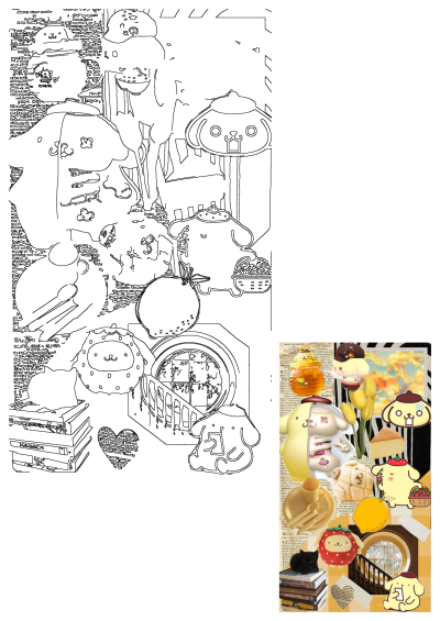 A cute collage featuring Pompompurin, flowers, animals, food and other various objects. A fun and playful composition. 