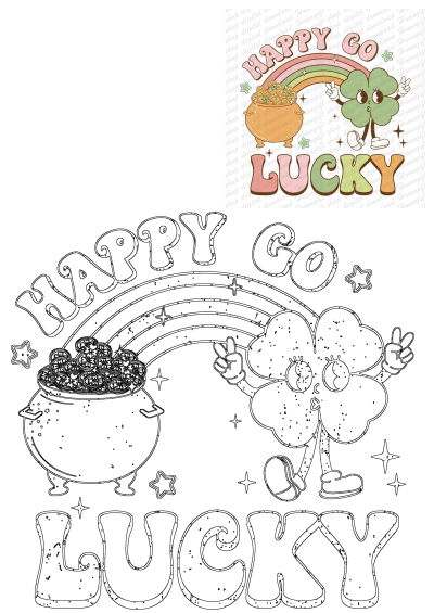Happy Go Lucky St Patrick's Day SVG file featuring a four-leaf clover, pot of gold, and rainbow for St. Patrick's Day festivities.
